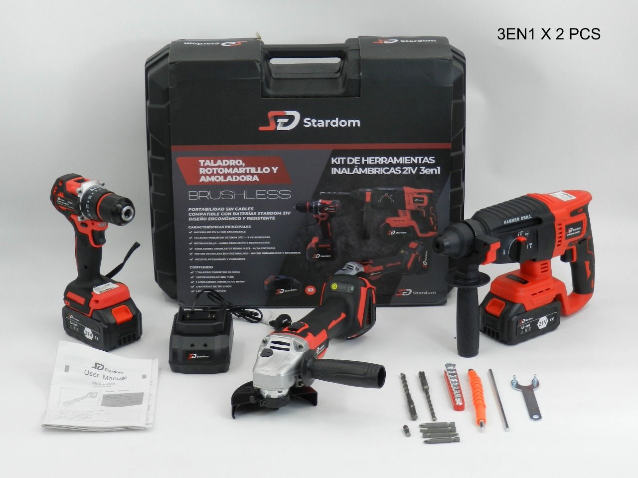 Kit Stardom 3 en 1 Inalámbrico: Taladro, Rotomartillo y Amoladora
